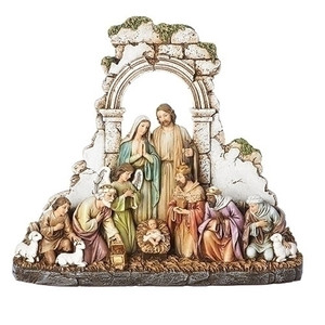 8.5" Kneeling Nativity with Stone Wall