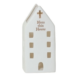 5.5" Porcelain "Bless this House" with Cross Figurine 