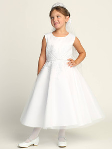 Satin Bodice with Embroidered Lace and Rhinestone Trim Communion Dress
