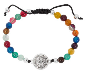 Multi-Color Glass Bead Bracelet with St. Benedict Medal