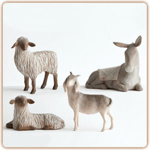 Giving Warmth and Protection ~ This four-piece set of animals was designed to specifically accompany the Willow Tree holy family figurine. Their heads and ears express watchful attentivenes and great personality. The tallest figure stands 3 inches tall.