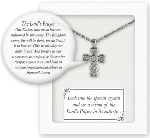 Cross Pendant with Vision of the Lord's Prayer-Look into the crystal center to see a picture of our Lord's Prayer in its entirety!  13" Silver Plated with 1.5" chain extender.  Gift Boxed