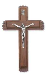 This 12" Walnut Cross with Silver Corpus forms the lid for a box with a small vial for holy water and two candles nestled inside. Packaged in a deluxe gift box.