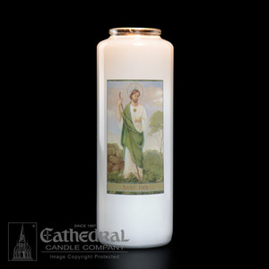 Saint Jude 6 day bottle lite. St. Jude is the Patron Saint of lost causes and of the sick, especially those whose cases seem to be hopeless.  Feast day is October 28th. Candles can be purchased individually or as a case(12 candles).