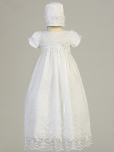Sofia ~ Embroidered white tulle gown with beadwork. Includes the Bonnett. Made In USA. Made in USA