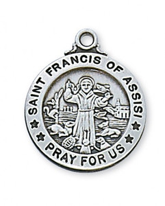 Round Sterling Silver Saint Francis Medal. St Francis Medal is 15/16" in diameter and comes on a 20" rhodium chain. A deluxe gift box is included. Patron Saint of Animals, and the Ecology