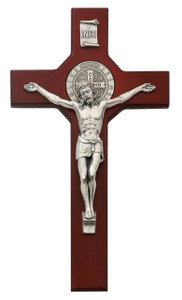 10 1/2" Cherry Stained St. Benedict Crucifix with Silver Corpus. Packaged in a deluxe gift box