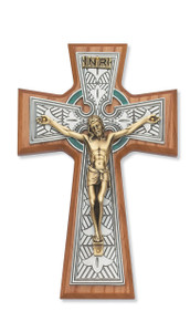 8 1/4" Walnut Stained Celtic Crucifix. Packaged in a deluxe gift box