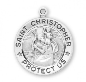 Sterling Silver Round  St. Christopher Medal.  Sterling Silver Round  St. Christopher Medal comes with a 20" genuine rhodium plated curb chain.  Dimensions: 0.9" x 0.8" (24mm x 20mm).  Sterling Silver Round  St. Christopher Medal  comes in a deluxe velour gift box. Made in the USA