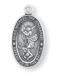 13/16" St. Michael Oval Medal with genuine rhodium-plated, stainless steel 18" Chain. Deluxe velour gift box. Engraving Available