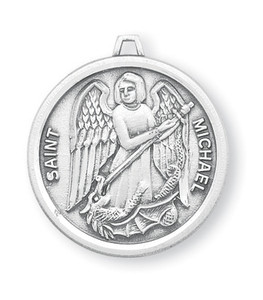 St. Michael Sterling Silver Round Medal. Dimensions: 0.9" x 0.8" (23mm x 21mm.) Medal is .925 solid sterling silver with a genuine 24" genuine rhodium-plated, endless curb chain. Weight of medal: 4.0 Grams.  Medal comes in a deluxe velour gift box and is made in the USA! Engraving Available