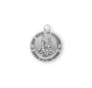 5/8" St. Michael Medal with an 18" Chain. Medal is all sterling silver with a genuine rhodium-plated, 18" stainless steel chain. Deluxe velour gift box is included. Made in the USA