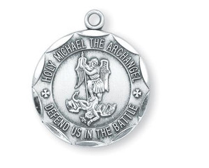 1" Round St. Michael Military Medal  "St. Michael the Archangel, Defend Us in Battle" ~ inscribed around edge of medal. Medal is sterling silver with a genuine rhodium-plated 24" chain. Deluxe velour gift box included. Engraving available. Made in the USA!