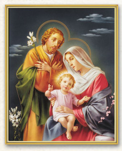 Italian Art Plaque depicting the Holy Family.  This 8" x 10" clear laminated plague of the Holy Family is gold framed and on a thick board. Gift Boxed