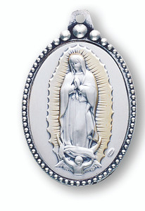 Sterling Silver Our Lady of Guadalupe Key Chain with flower motif on reverse side. Total length 3.5 inches

