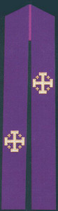 Overlay stole is pictPriest Overlay or Deacon Stole 
Beautifully Raised Multicolor Swiss Schiffli Embroidery 
Lined and interlined texturized fortrel polyester
Available in all liturgical colors
Approximate dimensions 55" x 6"ured