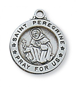 Sterling Silver Saint Peregrine 3/4"D Round Medal. St Peregrine Round Medal comes on an 18" Rhodium Chain. A Deluxe Gift Box Included. Patron Saint of Cancer