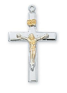 1" TuTone Sterling Silver Cross with Gold Corpus.  Crucifix comes on an 18" Rhodium Chain. A deluxe gift box is included

 