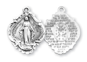 1 1/16" Sterling silver Baroque Miraculous Medal Pendant. Back side of medal has the Hail Mary Prayer. Baroque Miraculous Medal comes on a 24" genuine rhodium plated endless curb chain. Dimensions: 1.1" x 0.8" (27mm x 21mm). Deluxe velvet gift box included. Made in the USA.