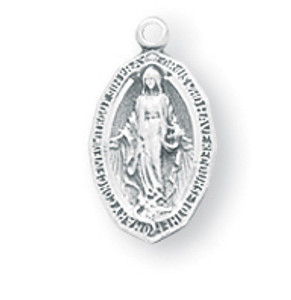 1/2" Sterling Silver Miraculous Medal with a genuine rhodium-plated, stainless steel 18"  chain. Deluxe velour gift box. Prices subject to change without notice. 