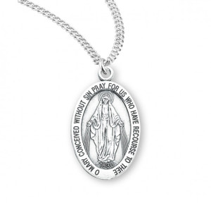 1 1/16" Miraculous Medal with a 20" Chain. Available in 16k gold plated sterling silver and sterling silver. Sterling silver medal is all sterling silver with a 20" genuine rhodium-plated, stainless steel chain. Gold plated medal is 16 karat Gold plated over sterling silver with a 20" genuine rhodium plated curb chain. Presents in a deluxe velour gift box. Dimensions: 1.1" x 0.7" (27mm x 17mm).  Made in the USA