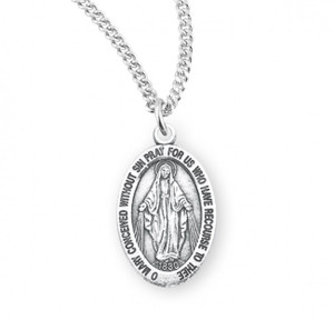 Oval Miraculous Medal. Oval Miraculous Medal comes on an 18" Genuine rhodium plated curb chain. Dimensions: 0.9" x 0.6" (22mm x 14mm). Weight of medal: 1.9 Grams. Made in USA. Presents in a deluxe velour gift box. Also available in 16k gold plated sterling silver. 