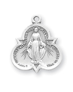 Miraculous Medal with an 18" Chain. Medal is sterling silver with genuine rhodium-plated, 18" stainless steel chain.  
Dimensions: 0.8" x 0.7" (21mm x 18mm). Deluxe velour gift box is included. Made in the USA.

 