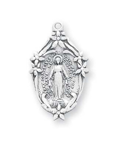 7/8" Miraculous Medal is sterling silver with genuine rhodium-plated, 18" stainless steel chain. Deluxe velour gift box is included.  