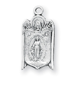 13/16" Miraculous Medal is sterling silver with genuine rhodium-plated, 18"stainless steel chain. Dimensions: 0.8" x 0.4" (21mm x 10mm)  Includes a deluxe gift box. 
