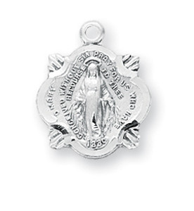 5/8" Miraculous Medal is sterling silver with genuine rhodium-plated 18"stainless steel chain. Deluxe velour gift box included.