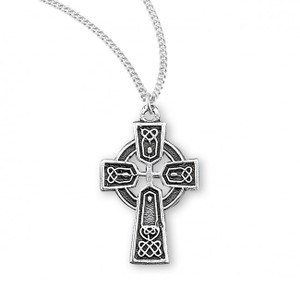 0.6" (14mm) Celtic Cross with a 18" Chain. Cross is all sterling silver with a genuine rhodium-plated, stainless steel chain. Deluxe velour gift box. Ideal size for a baby or child