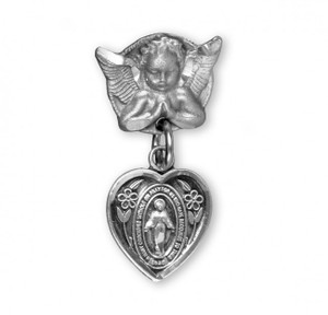 .925 Solid Sterling silver Miraculous Medal Heart Guardian Angel Pin.  Dimensions: 1.0" x 0.5" (26mm x 13mm). Weight of medal: 0.9 Grams. Medal comes in a deluxe velour gift box.. Made in the USA.



 