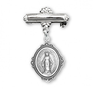 Solid .925 Sterling Silver Miraculous Medal Baby Bar Pin.  Dimensions: 0.9" x 0.4" (23mm x 11mm). Weight of medal: 0.8 Grams. Presents in a deluxe velour gift box. Engraving on bar available.  12 letter maximum. Made in the US
