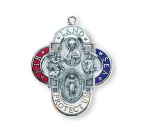 1 1/4" with a 24" Chain. Air, Land & Sea Military 4-Way  Medal w/Sts. Christopher, Michael, the Miraculous Medaland the Sacred Heart of Jesus . Medal is all sterling silver with a genuine rhodium-plated, stainless steel chain. The medal features red white and blue expoxy air, land, and sea. Deluxe velour gift box.