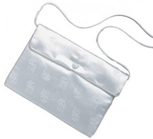 Satin Brocade Chalice Print Communion Purse. Snap shut closure with white nylon shoulder strap. 5.25"H x 7"W