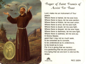 Laminated prayer card with gold foil embossed medal design on card. Prayer on reverse side. Approximately 2 1/4 x 3 1/4 inches. Printed in Italy