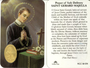 Laminated prayer card with gold foil embossed medal design on card. Prayer on reverse side. Approximately 2 1/4 x 3 1/4 inches. Printed in Italy