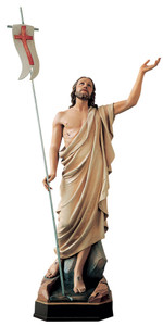 Resurrection Christ is available in Colored Carved Linden Wood, Marble, or Fiberglass.  Outdoor Finishes in White, Antique Silver or 3 Bronze Finishes: Antique Bronze, Statuary Bronze  or Golden Bronze finish (See Finishes Chart) .Size: 36", 48", or 60". Please call 1.800.523.7604 for pricing