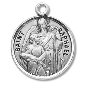 Saint Raphael the Archangel Medal ~ Solid .925 sterling silver Saint Raphael Archangel round medal-pendant. Saint Raphael Archangel is the Patron Saint of the blind, nurses, lovers, physicians, and travelers. A 20" Genuine rhodium plated curb chain and a deluxe velour gift box are included. Dimensions: 0.9" x 0.7"(22mm x 18mm). Made in the USA. Engraving Option Available