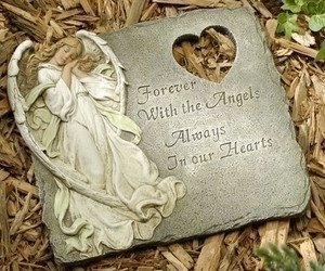 11.25" Stepping Stone with saying:. "Forever With the Angels, Always In our Hearts". Wall hook is included on back side of product. Resin/Stone Mix. Dimensions: 11.25"H x 11.25"W x 0.38"D