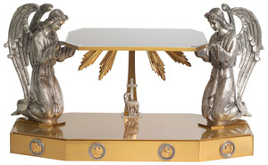 24K Gold plate with large antique silver plated angels. Overall Dimensions:  24" W x 13" D x 14" H. Weight: 39lbs
