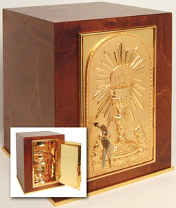 Wood Tabernacle with 24k gold plate door, base frame, and interior. Bright gold plated inside. 17"H. x 11-7/8"W. x 11-7/8"D. Door opening: 13"H. x 6-1/2"W. Wt. 35 lbs.