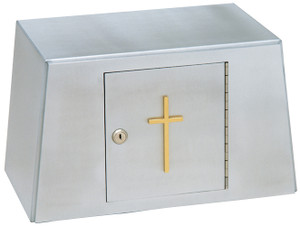 Aluminum. Base 15-1⁄2˝W., top 9˝H. x 13˝W. x 9˝D. Door 7-1⁄2˝H x 6-3⁄4˝. Satin finish, cross bright brass. White interior.