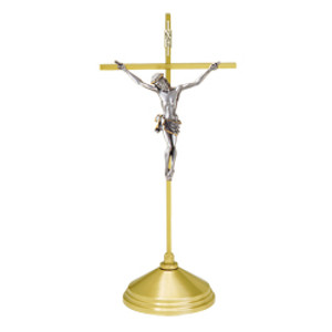 Solid Brass, Satin Finish Crucifix. Oxidized Silver Corpus. 15" Height. 5" Base. Complementary candlestick K525-CS