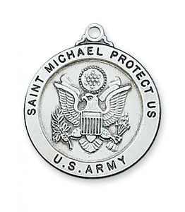 Army Medal Sterling Silver 1" Round Medal. Army/St Michael Medal comes with a 24" Rhodium plated chain. St. Michael depicted on back of medal. Gift Boxed