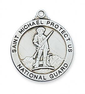 National Guard/St Michael Sterling Silver Medal.  The 1"round sterling silver National Guard  comes with a 24" rhodium plated chain. St. Michael isdepicted on back of medal. Gift Boxed. made in the USA