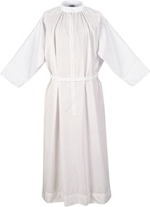 Classic Alb, Clergy Fitted Alb, or Traditional Alb Style . 65% Polyester, 35% Cotton. Stand up collar with 30" zipper and adjustable velcro belt. Comes with or without liturgical orphrey (banding style 1878) 