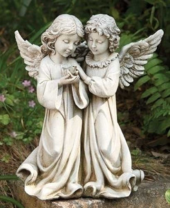 From the Garden Collection ~ Two Angels Holding a Bird. Angels are made of a Resin Stone mix. Dimensions: 12.25"H 10.5"W 6.5"D