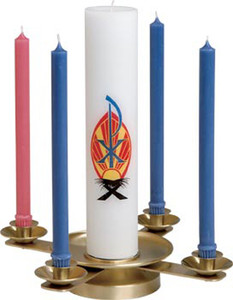 

Features:
Comes in two finishes, Satin or Bright Brass
3 in high and 15 in wide.
5/8" weighted base, 7/8" tapered sockets
The spikes are adaptable to any candle size.
This Advent Wreath comes in two finishes. Choose from either brass with a satin finish or brass with a high polish finish.  It is three inches high with a 15 inch wide, weighted base, and 7/8" tapered sockets. The center spikes are adaptable to any candle size. Candles are not included.


