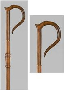 Size 76" high. Crozier constructed of Mahogany wood with dark stain. Gold accents. Disassembles into 4 approximately 2 foot sections for convenient transport. Rubber bumper terminates staff bottom.